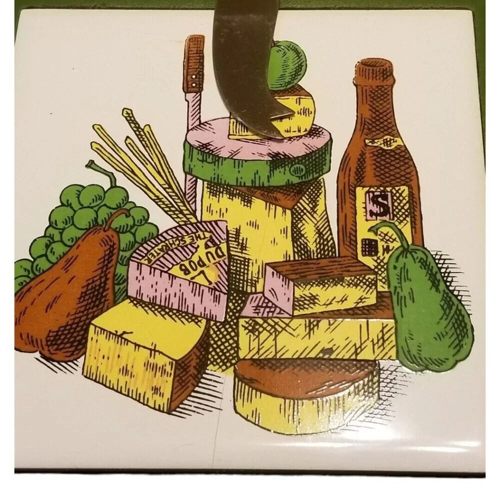 Cheese Board Vintage 70s Wood Ceramic Trivet‎ Cutting Avocado Green Knife